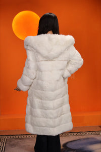 Full length natural arctic hare fur hooded coat