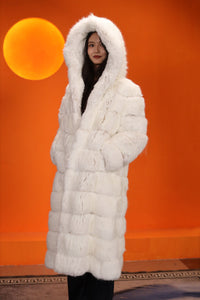 Full length natural arctic hare fur hooded coat