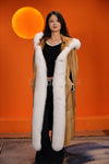 Penny lane in womens full length golden marten coat with fox fur trims