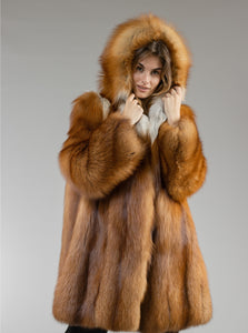 Real Red Fox Fur Coat Hooded
