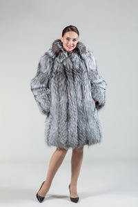 Real Silver Fox Fur Coat Hooded