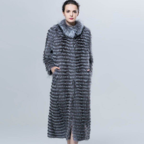 Real silver fox fur long duster coat