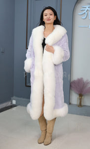 Penny lane in women's full length rex rabbit fur coat with fox trim