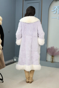 Penny lane in women's full length rex rabbit fur coat with fox trim