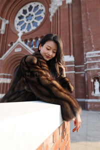 Full length natural Saga sable fur coat with shawl collar