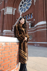 Full length natural Saga sable fur coat with shawl collar