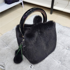 Women's Mink Handbag with Bracelet and Mink PomPom