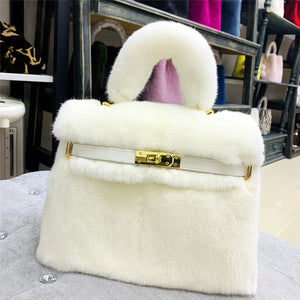 White Womens Mink Fur Mini Kelly Bag